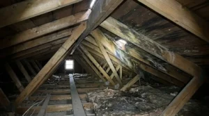 Attic roof inspection showing structural damage and moisture issues.